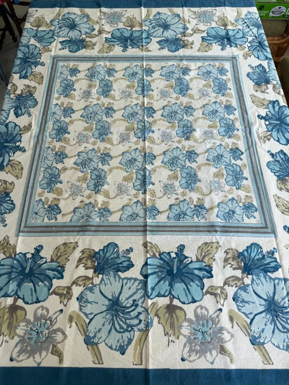 Vintage Couleur Nature by Bruno Lamy Tablecloth 59x59 Blue Hibiscus Hand Block